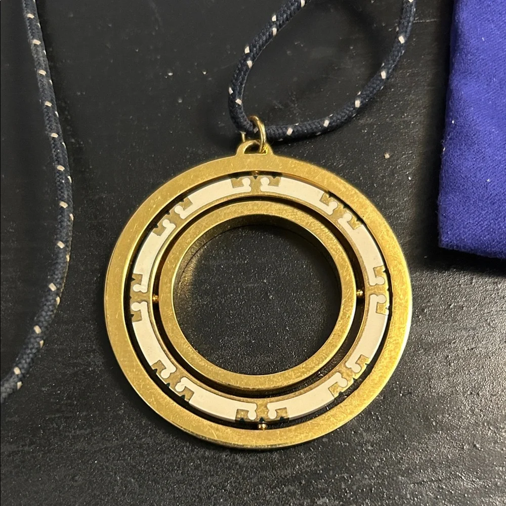 Tory Burch Navy and Gold Spinner Pendant Necklace, 24”